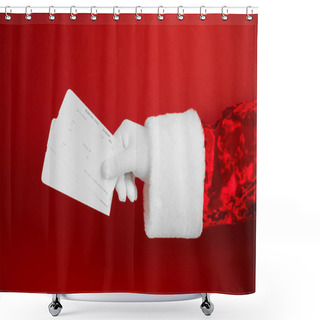 Personality  Santa Holding Airplane Boarding Tickets On Red Background. New Year's Travel Concept. Sale Tickets. Shower Curtains