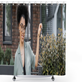 Personality  Smiling African American Real Estate Agent In Eyeglasses Showing Key From New House Outdoors, Banner Shower Curtains