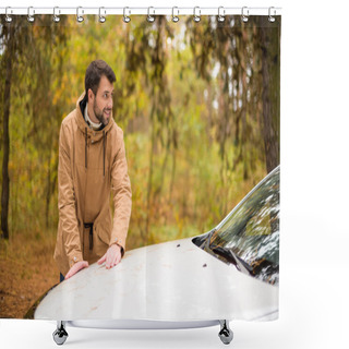 Personality  Man Checking Bonnet Of White Car Shower Curtains