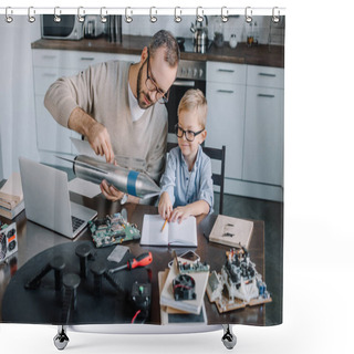 Personality  Father And Son Testing Rocket Model Together At Home Shower Curtains