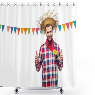 Personality  Happy Man In Straw Hat Showing Thumbs Up Near Flag Garland Isolated On White Shower Curtains