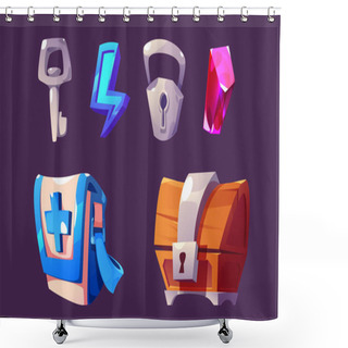Personality  Game Icon Kit - Cartoon Assets Of Lock And Key, Blue Lightning And Pink Gem Stone, Closed Wooden Chest Box And First Aid Medicine Bag. Vector Illustration Of Gui Elements And Rpg Trophy Or Rewards. Shower Curtains