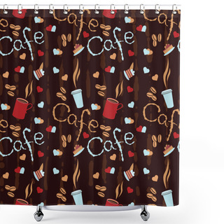 Personality  Brown Seamless Background With Scattering Of Coffee Beans And Lettering. Shower Curtains