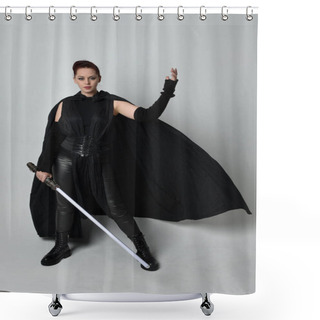 Personality  Full Length Portrait Of Pretty Redhead Female Model Wearing Black Futuristic Scifi Leather Cloak Costume, Holding A Lightsaber Weapon. Dynamic Standing Pose On White Studio Background. Shower Curtains