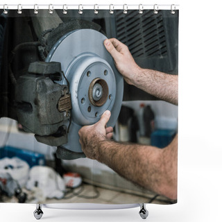 Personality  Cropped View Of Auto Mechanic Holding Metallic Car Brake Near Auto Shower Curtains