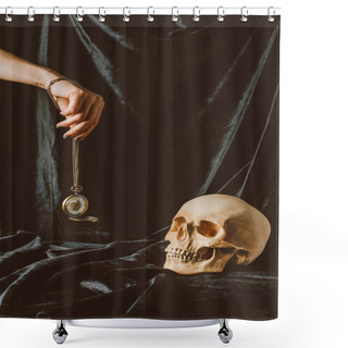 Personality  Cropped View Of Woman Holding Vintage Clock On The Chain Near Skull On Black Cloth Shower Curtains