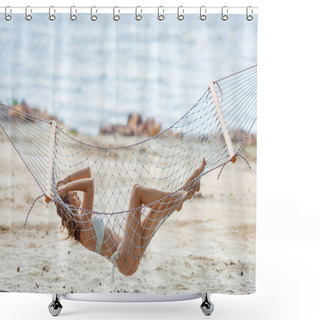 Personality  Beautiful Young Woman In Bikini Resting On Hammock On Beach Shower Curtains