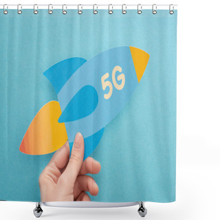 Personality  Cropped View Of Woman Holding Paper Rocket With 5g Lettering On Blue Background Shower Curtains