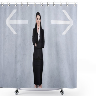 Personality  Pensive Brunette Businesswoman In Suit Standing Near Arrows On Gray  Shower Curtains
