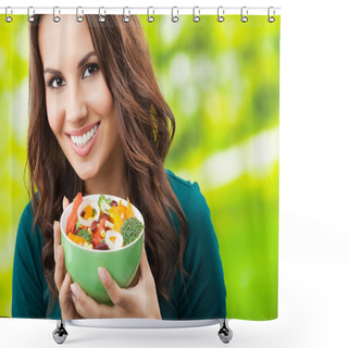 Personality  Young Woman With Salad, Outdoors Shower Curtains
