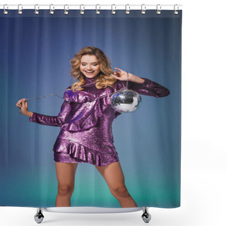 Personality  Happy Elegant Woman In Sequin Dress With Disco Ball On Blue Background Shower Curtains