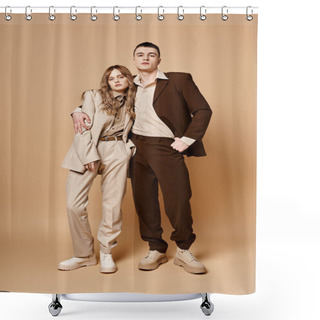 Personality  Loving Elegant Boyfriend And Girlfriend In Chic Suits Looking At Camera On Pastel Background Shower Curtains