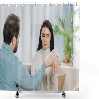 Personality  Bearded Hypnotist Holding Wrist Of Young Woman With Closed Eyes During Hypnotherapy Shower Curtains