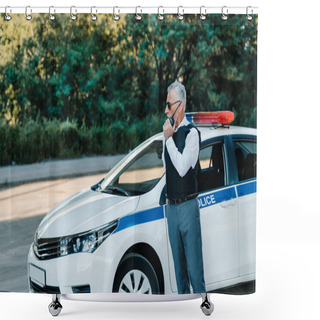 Personality  Middle Aged Policeman In Bulletproof Vest Talking On Radio Set Near Car At Urban Street Shower Curtains