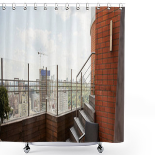 Personality  A Peaceful Balcony Framed By A Textured Brick Wall And Elegant Metal Railing, Offering A Serene Space With A Touch Of Charm Shower Curtains