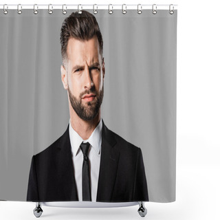 Personality  Skeptical Handsome Businessman In Black Suit Isolated On Grey Shower Curtains