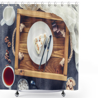 Personality  Top View Of Delicious Piece Of Cake With Meringue On Plate On Wooden Tray Shower Curtains