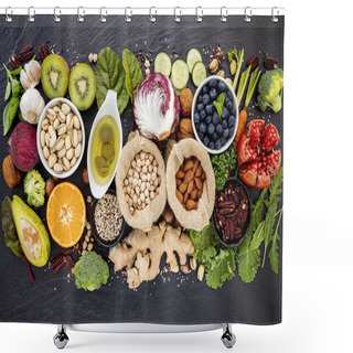Personality  Ingredients For The Healthy Foods Selection. The Concept Of Heal Shower Curtains