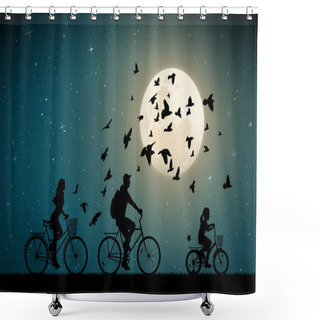 Personality  Family On Bikes On Moonlit Night. Active Rest Of Parents With Child. Vector Illustration With Silhouettes Of Cyclists And Flying Pigeons In Park. Full Moon In Starry Sky Shower Curtains
