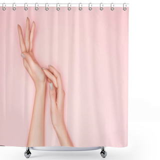Personality  Cropped View Of Female Hands Isolated On Pink With Copy Space Shower Curtains