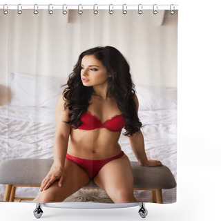 Personality  Beautiful Young Girl In Red Underwear Sitting On Bedside Bench In Bedroom And Looking Away Shower Curtains