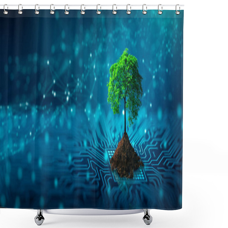 Personality  Tree with soil growing on  the converging point of computer circuit board. Blue light and low poly wireframe network background. Green Computing, Green Technology, Green IT, csr, and IT ethics Concept. shower curtains