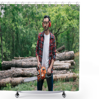 Personality  Handsome Bearded Lumberer In Protective Glasses And Noise-canceling Headphones Holding Chainsaw In Forest Shower Curtains