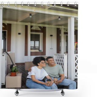 Personality  Smiling African American Man Hugging Girlfriend With Coffee Near Packages On Porch Of New House Shower Curtains
