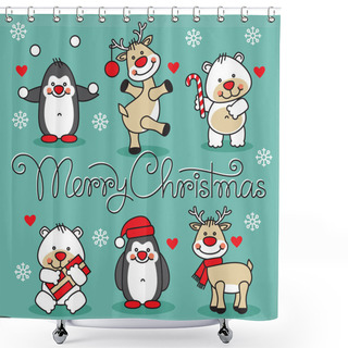 Personality  Set Cute Christmas Cartoon Animals With Merry Christmas Hand Lettering Text Shower Curtains