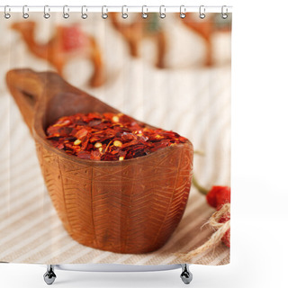 Personality  Red Chillies Paper Flakes In Curved Wooden Bowl And Camel Carava Shower Curtains