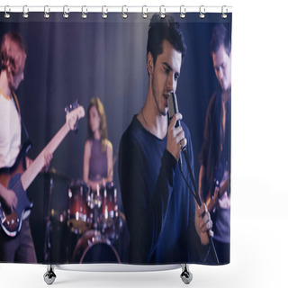 Personality  Young Singer Performing Song With Blurred Music Band Shower Curtains