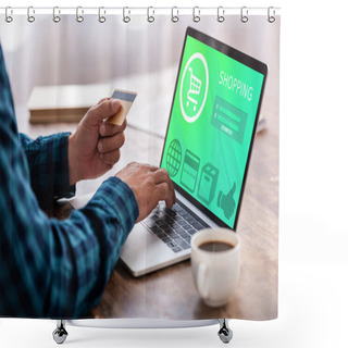 Personality  Cropped Shot Of Man Holding Credit Card And Using Laptop With Shopping Online Website    Shower Curtains