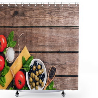 Personality  Raw Ingredients For The Preparation Of Italian Pasta, Spaghetti, Basil, Tomatoes, Olives And Olive Oil On Wooden Background. Top View. Copy Space. Shower Curtains