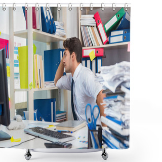 Personality  Businessman Working In The Office With Piles Of Books And Papers Shower Curtains