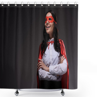 Personality  Smiling Attractive Super Businesswoman In Red Cape And Mask Standing With Crossed Arms Isolated On Black Shower Curtains