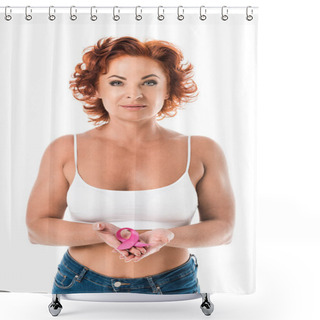 Personality  Mature Woman Holding Pink Ribbon And Looking At Camera Isolated On White, Breast Cancer Awareness Concept Shower Curtains