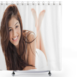 Personality  Woman Lying Down With Her Legs Crossed And Raised, Smiling With Shower Curtains