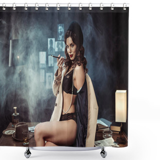 Personality  Sexy Girl In Black Lingerie And Trench Coat Holding Mouthpiece In Dark Office Shower Curtains