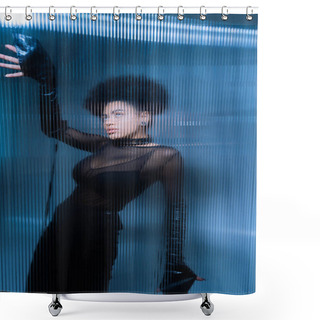 Personality  Young African American Woman In Sexy Black Outfit Posing Behind Ruffled Glass Shower Curtains