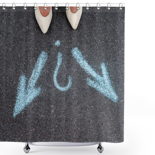 Personality  Top View Of Woman Standing Near Blue Directional Arrows On Asphalt  Shower Curtains