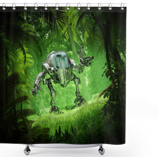 Personality  Tropical Jungle Mech Robot / 3D Illustration Of Science Fiction Scene With Robot Exploring Lush Green Forest Shower Curtains