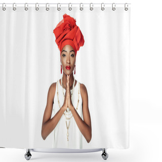 Personality  Young African American Woman Making Prayer Gesture Isolated On White Shower Curtains