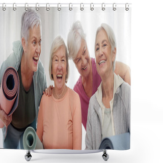Personality  Yoga, Class And Face Of Senior Happy People For Retirement Exercise, Club Membership And Community Wellness. Pilates Friends, Group Portrait And Elderly Women At Training, Fitness And Workout Studio. Shower Curtains