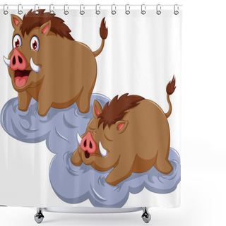 Personality  Funny Wild Boar Cartoon Sitting With Her Baby Shower Curtains