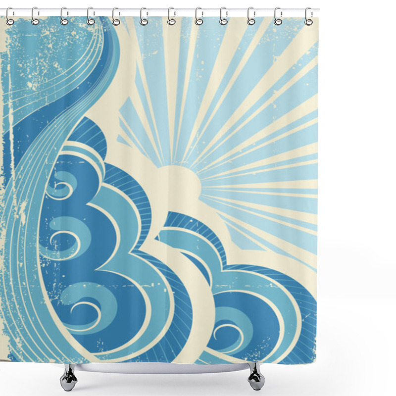 Personality  Vintage Sea Waves And Sun. Vector Illustration Of Sea Landscape Shower Curtains