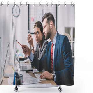 Personality  Side View Of Information Security Analyst Pointing At Computer Monitor To Colleague In Office  Shower Curtains