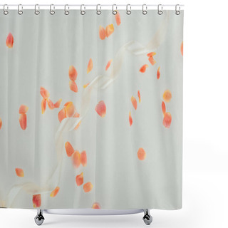Personality  Top View Of Beautiful Elegant Rose Petals And Ribbon On Grey Background Shower Curtains