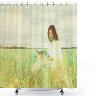 Personality  Woman Reading Book On Summer Meadow Shower Curtains