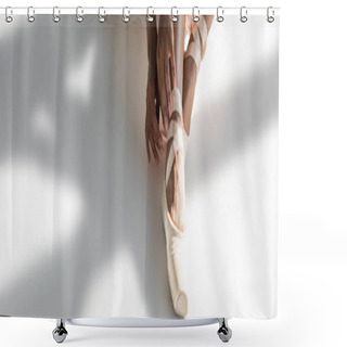 Personality  Cropped View Of Graceful African American Ballerina In Pointe Shoes Sitting On Floor On White Background, Banner Shower Curtains