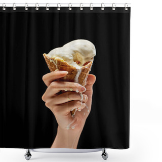 Personality  Cropped View Of Woman Holding Melting Delicious Vanilla Ice Cream In Crispy Waffle Cone Isolated On Black  Shower Curtains